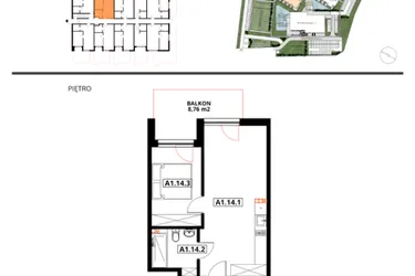 Rzut - Mieszkanie na sprzedaż 2 pokoje o powierzchni 39,28 m² - numer A1.14 w Apartamenty Dźwirzyno