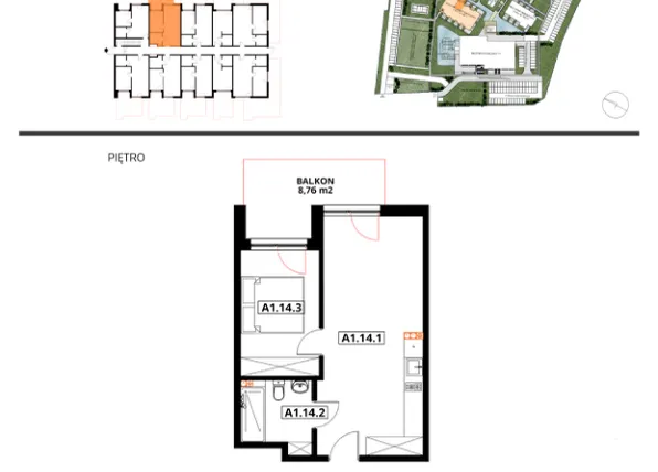 Rzut - Mieszkanie na sprzedaż 2 pokoje o powierzchni 39,28 m² - numer A1.14 w Apartamenty Dźwirzyno