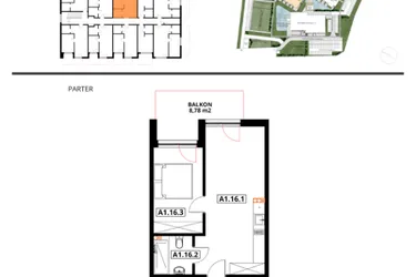 Rzut - Mieszkanie na sprzedaż 2 pokoje o powierzchni 39,22 m² - numer A1.16 w Apartamenty Dźwirzyno
