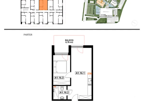 Rzut - Mieszkanie na sprzedaż 2 pokoje o powierzchni 39,22 m² - numer A1.16 w Apartamenty Dźwirzyno