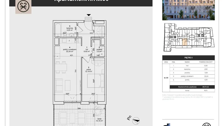 Rzut - Mieszkanie na sprzedaż 2 pokoje o powierzchni 49,11 m² - numer M 09 w Kościuszki 22