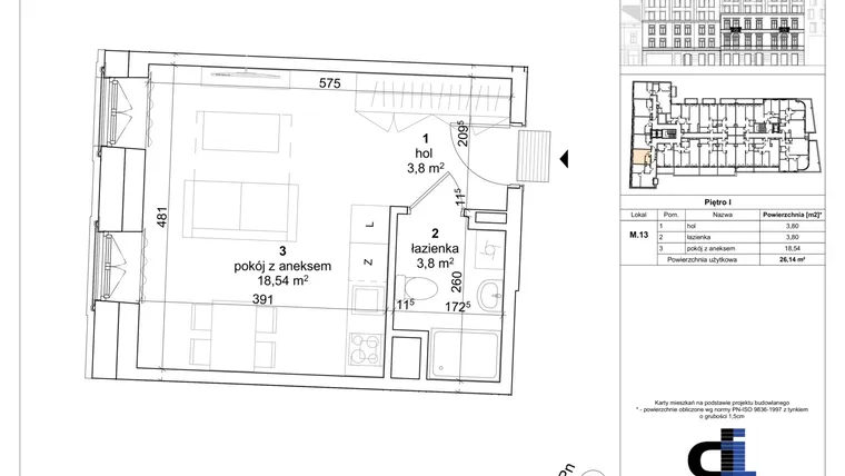 Rzut - Mieszkanie na sprzedaż 1 pokój o powierzchni 26,14 m² - numer M 13 w Kościuszki 22