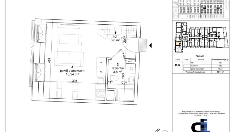 Rzut - Mieszkanie na sprzedaż 1 pokój o powierzchni 26,14 m² - numer M 27 w Kościuszki 22