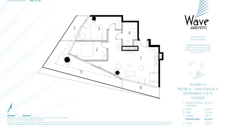 Rzut - Mieszkanie na sprzedaż 3 pokoje o powierzchni 67,78 m² - numer D.9.75 w Wave Międzyzdroje Resort & Spa