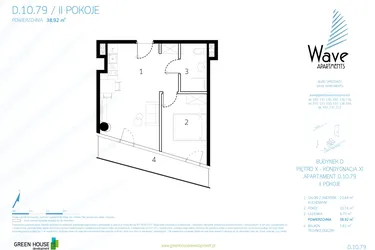 Rzut - Mieszkanie na sprzedaż 2 pokoje o powierzchni 38,65 m² - numer D.10.79 w Wave Międzyzdroje Resort & Spa