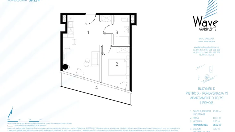Rzut - Mieszkanie na sprzedaż 2 pokoje o powierzchni 38,65 m² - numer D.10.79 w Wave Międzyzdroje Resort & Spa