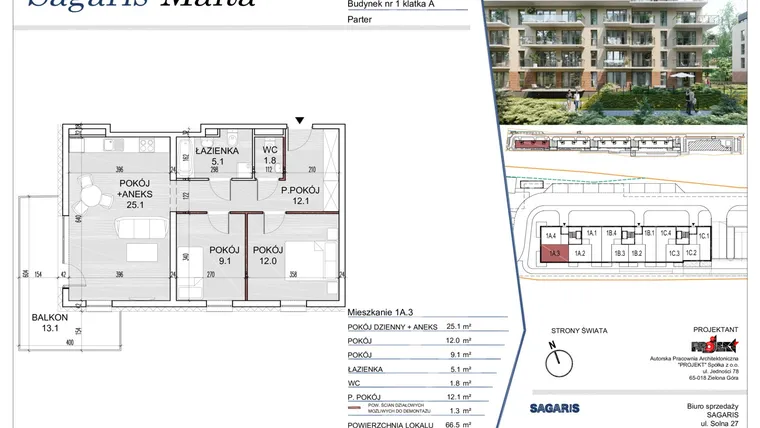 Rzut - Mieszkanie na sprzedaż 3 pokoje o powierzchni 66,5 m² - numer 1A.3 w Sagaris Malta