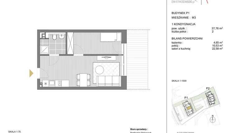 Rzut - Mieszkanie na sprzedaż 2 pokoje o powierzchni 37,86 m² - numer P1 M03 w Swieradow600