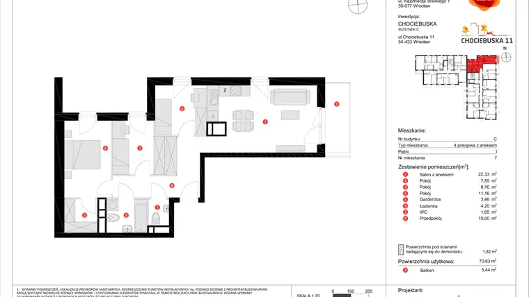 Rzut - Mieszkanie na sprzedaż 4 pokoje o powierzchni 70,63 m² - numer C.7 w Chociebuska 11