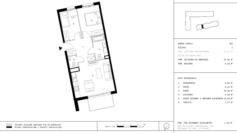 Rzut - Mieszkanie na sprzedaż 3 pokoje o powierzchni 53,52 m² - numer I9.1 w Myśliborska III etap