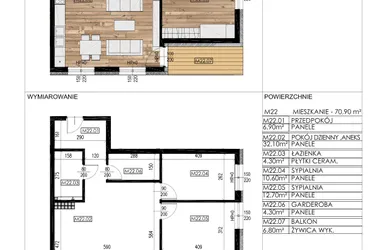 Rzut - Mieszkanie na sprzedaż 3 pokoje o powierzchni 70,69 m² - numer F22 w Osiedle Sosnowa