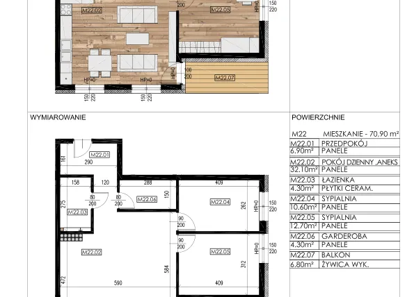 Rzut - Mieszkanie na sprzedaż 3 pokoje o powierzchni 70,69 m² - numer F22 w Osiedle Sosnowa