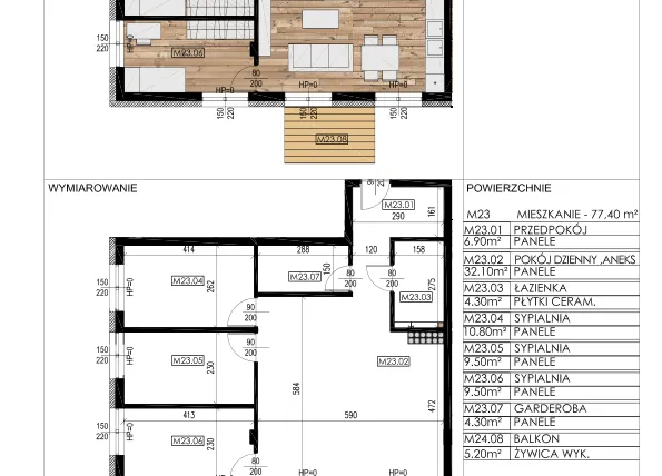 Rzut - Mieszkanie na sprzedaż 4 pokoje o powierzchni 76,89 m² - numer F23 w Osiedle Sosnowa