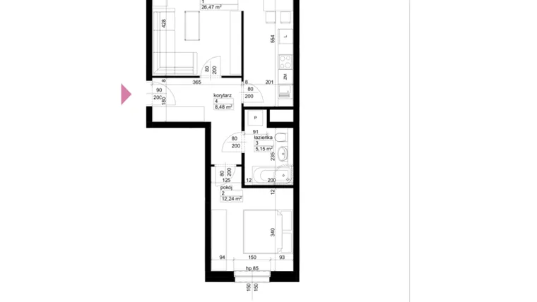 Rzut - Mieszkanie na sprzedaż 2 pokoje o powierzchni 52,34 m² - numer A2/2/5/16 w Malta Wołkowyska etap III