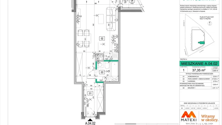Rzut - Mieszkanie na sprzedaż 1 pokój o powierzchni 36,97 m² - numer A-04-02 w Świtezianki