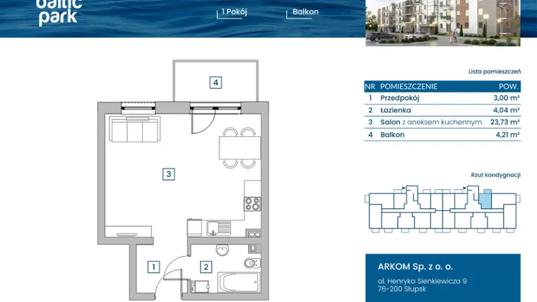 Rzut - Mieszkanie na sprzedaż 1 pokój o powierzchni 30,77 m² - numer B.0.1 w Baltic Park