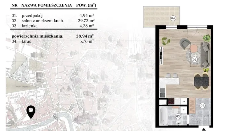 Rzut - Mieszkanie na sprzedaż 1 pokój o powierzchni 35,53 m² - numer M-53 w Kościuszki 47