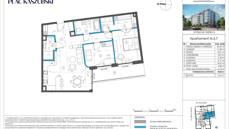 Rzut - Mieszkanie na sprzedaż 3 pokoje o powierzchni 90,8 m² - numer M.5.7 w Rezydencja Plac Kaszubski