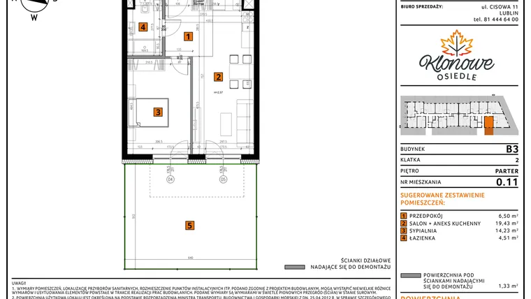 Rzut - Mieszkanie na sprzedaż 2 pokoje o powierzchni 46 m² - numer M 0.11 w Klonowe Osiedle
