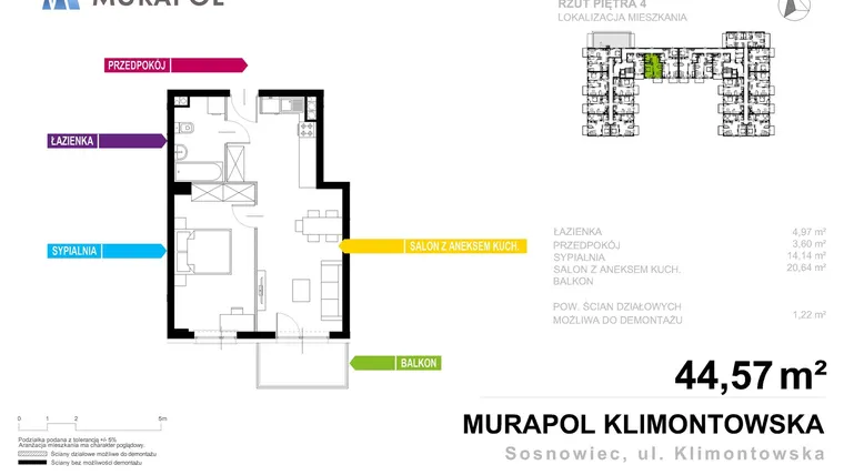 Rzut - Mieszkanie na sprzedaż 2 pokoje o powierzchni 44,57 m² - numer 1.A.4.09 w Murapol Apartamenty na Wzgórzu