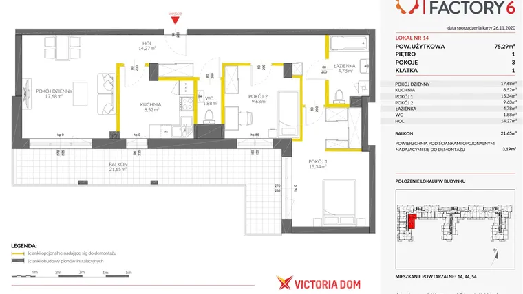 Rzut - Mieszkanie na sprzedaż 3 pokoje o powierzchni 77,27 m² - numer 6.14 w Ursus Factory