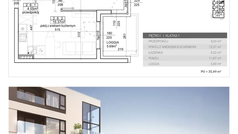 Rzut - Mieszkanie na sprzedaż 2 pokoje o powierzchni 35,49 m² - numer M-10 w Mono Apartamenty