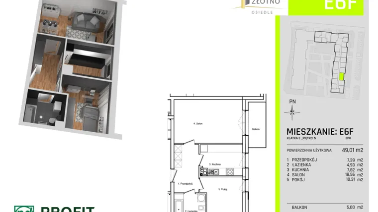 Rzut - Mieszkanie na sprzedaż 2 pokoje o powierzchni 48,87 m² - numer E-6F w Osiedle Nowe Złotno etap V