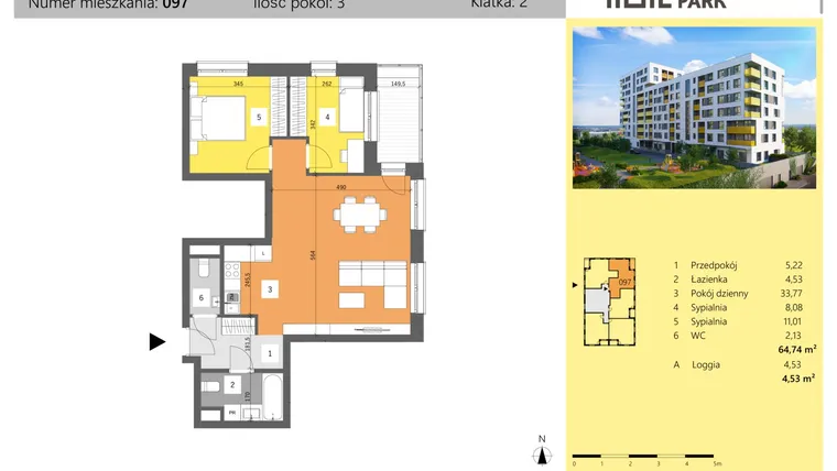 Rzut - Mieszkanie na sprzedaż 3 pokoje o powierzchni 64,74 m² - numer 97 w Dworzysko Park - Etap I