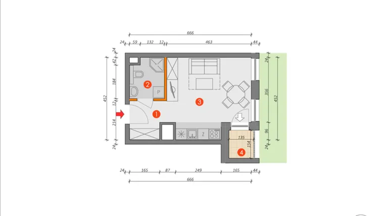 Rzut - Mieszkanie na sprzedaż 1 pokój o powierzchni 27,44 m² - numer F.1.3 w Platanowy Park
