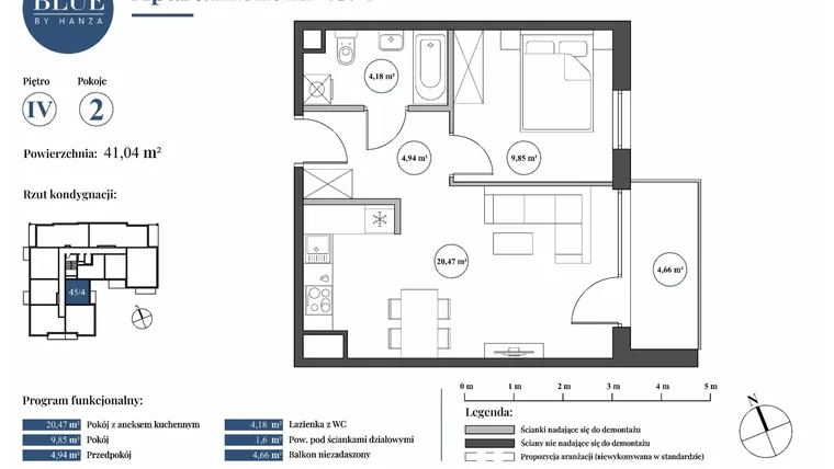 Rzut - Mieszkanie na sprzedaż 2 pokoje o powierzchni 41,04 m² - numer 45/4 w Blue by Hanza
