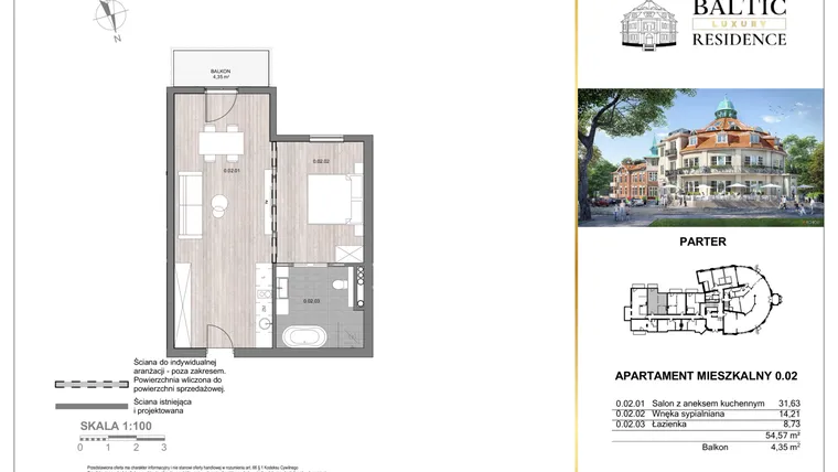 Rzut - Mieszkanie na sprzedaż 2 pokoje o powierzchni 54,57 m² - numer 0.02 w Baltic Luxury Residence