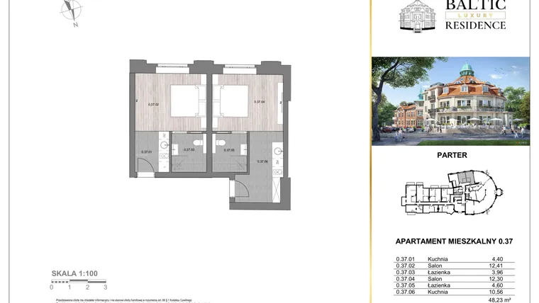 Rzut - Mieszkanie na sprzedaż 2 pokoje o powierzchni 48,23 m² - numer 0.37 w Baltic Luxury Residence