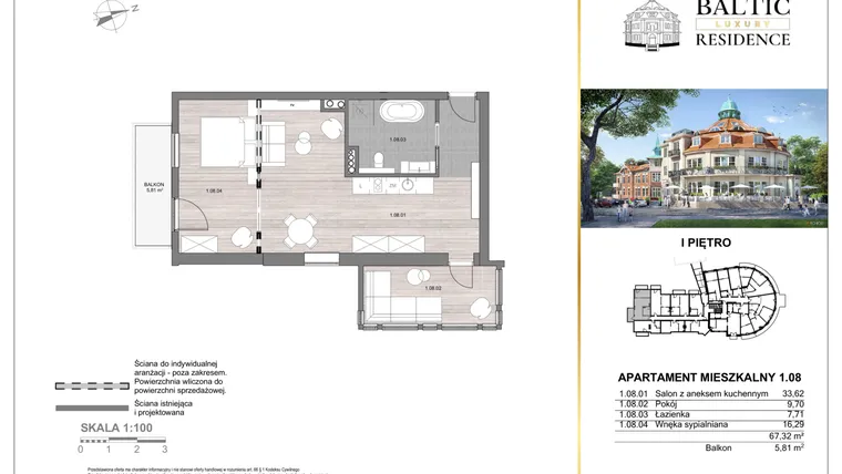 Rzut - Mieszkanie na sprzedaż 3 pokoje o powierzchni 67,32 m² - numer 1.08 w Baltic Luxury Residence