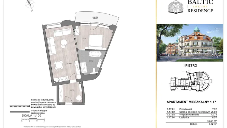 Rzut - Mieszkanie na sprzedaż 2 pokoje o powierzchni 55,04 m² - numer 1.17 w Baltic Luxury Residence