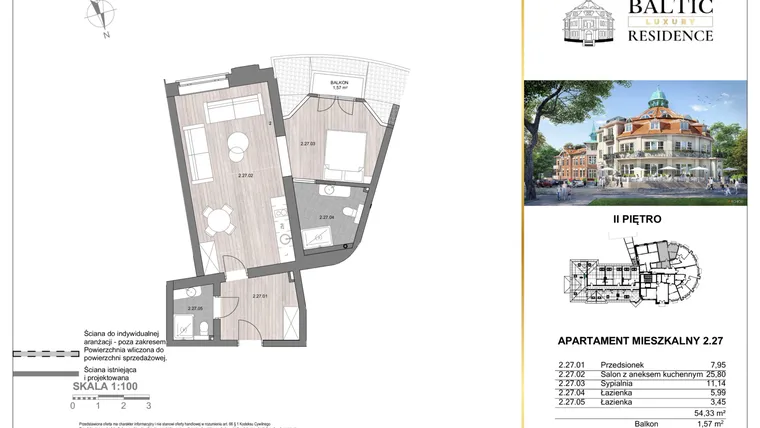 Rzut - Mieszkanie na sprzedaż 2 pokoje o powierzchni 54,33 m² - numer 2.27 w Baltic Luxury Residence