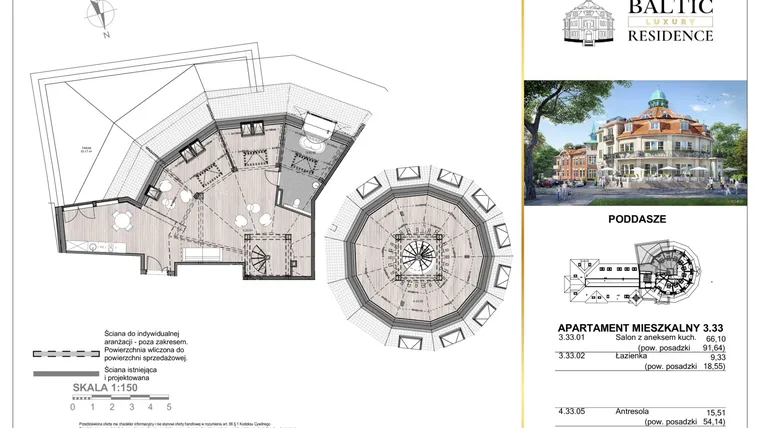 Rzut - Mieszkanie na sprzedaż 3 pokoje o powierzchni 90,94 m² - numer 3.33 w Baltic Luxury Residence