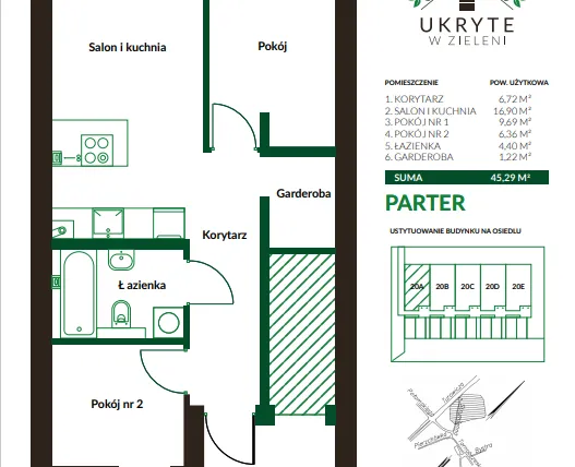 Rzut - Mieszkanie na sprzedaż 3 pokoje o powierzchni 45,29 m² - numer A1 w Ukryte w Zieleni