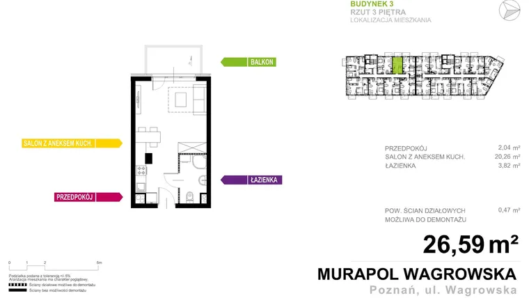 Rzut - Mieszkanie na sprzedaż 1 pokój o powierzchni 26,59 m² - numer 3.A.3.2 w Murapol Nowe Miasto