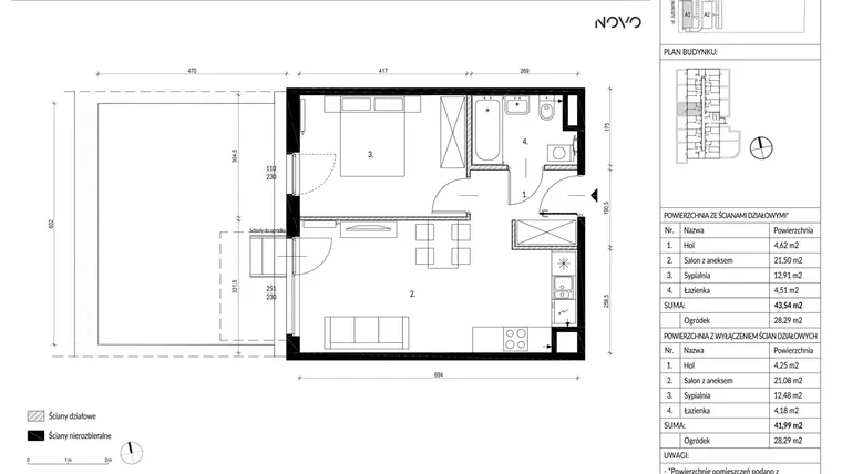 Rzut - Mieszkanie na sprzedaż 2 pokoje o powierzchni 43,54 m² - numer A1.06 w Osiedle NOVO