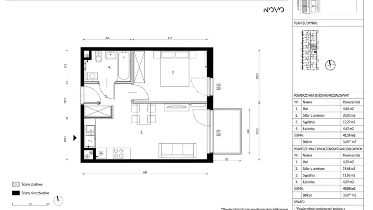 Rzut - Mieszkanie na sprzedaż 2 pokoje o powierzchni 41,59 m² - numer A1.22 w Osiedle NOVO