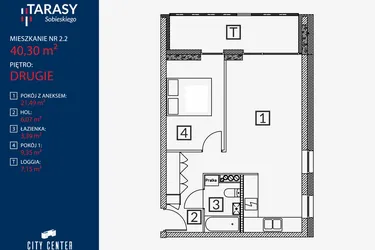 Rzut - Mieszkanie na sprzedaż 2 pokoje o powierzchni 40,3 m² - numer B2.M.2.2 w Tarasy Sobieskiego