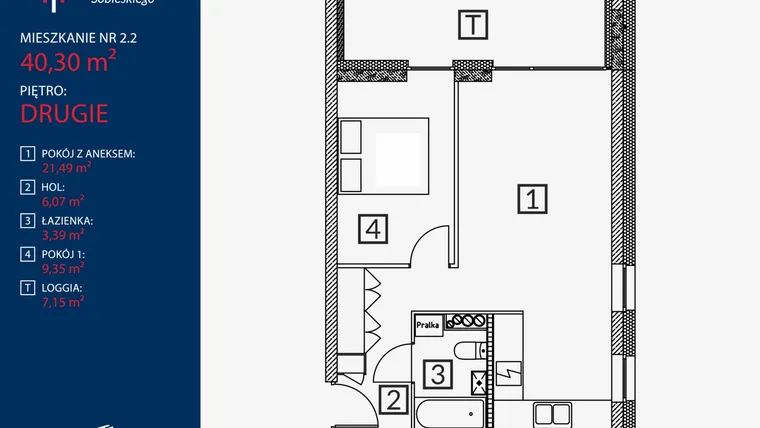 Rzut - Mieszkanie na sprzedaż 2 pokoje o powierzchni 40,3 m² - numer B2.M.2.2 w Tarasy Sobieskiego