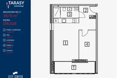 Rzut - Mieszkanie na sprzedaż 2 pokoje o powierzchni 39,7 m² - numer B2.M.2.7 w Tarasy Sobieskiego