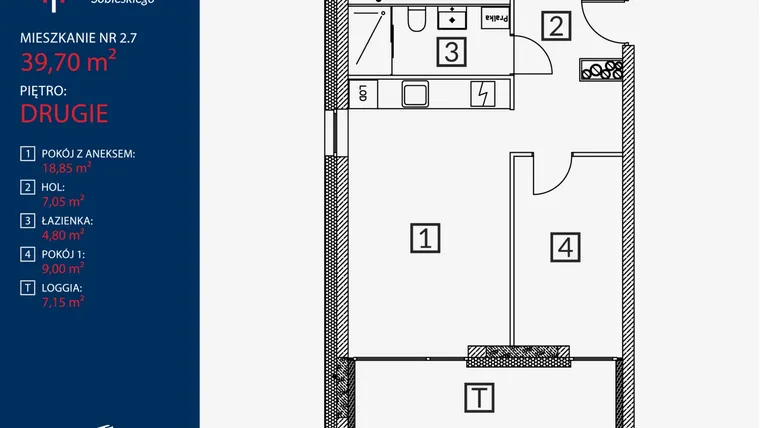 Rzut - Mieszkanie na sprzedaż 2 pokoje o powierzchni 39,7 m² - numer B2.M.2.7 w Tarasy Sobieskiego