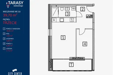 Rzut - Mieszkanie na sprzedaż 2 pokoje o powierzchni 39,7 m² - numer B2.M.3.8 w Tarasy Sobieskiego