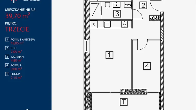 Rzut - Mieszkanie na sprzedaż 2 pokoje o powierzchni 39,7 m² - numer B2.M.3.8 w Tarasy Sobieskiego