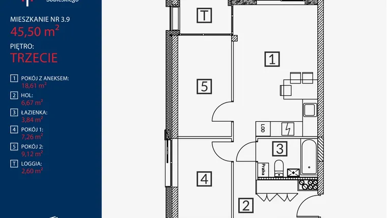 Rzut - Mieszkanie na sprzedaż 3 pokoje o powierzchni 45,5 m² - numer B2.M.3.9 w Tarasy Sobieskiego