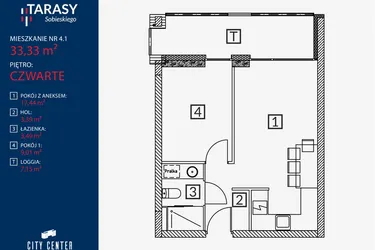 Rzut - Mieszkanie na sprzedaż 2 pokoje o powierzchni 33,33 m² - numer B2.M.4.1 w Tarasy Sobieskiego