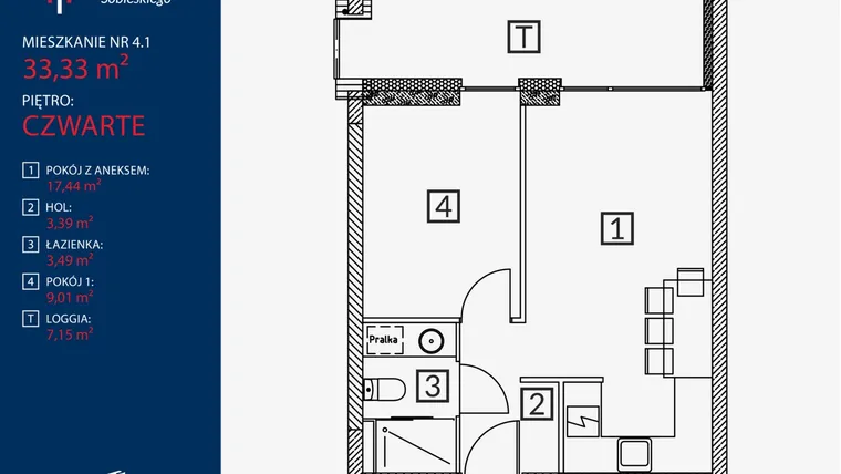Rzut - Mieszkanie na sprzedaż 2 pokoje o powierzchni 33,33 m² - numer B2.M.4.1 w Tarasy Sobieskiego