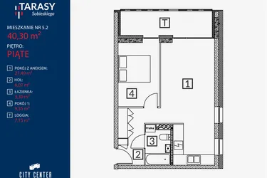 Rzut - Mieszkanie na sprzedaż 2 pokoje o powierzchni 40,3 m² - numer B2.M.5.2 w Tarasy Sobieskiego